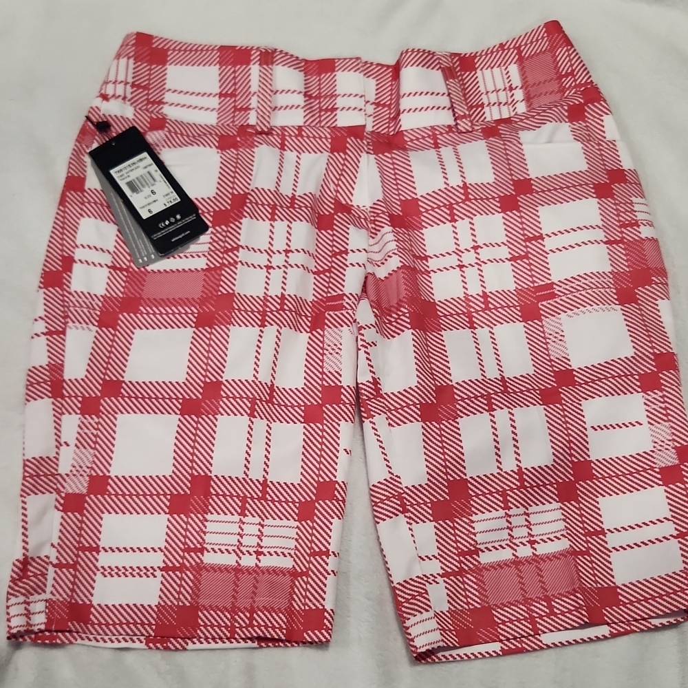 Women's Adidas Red Plaid Stretch Golf Shorts